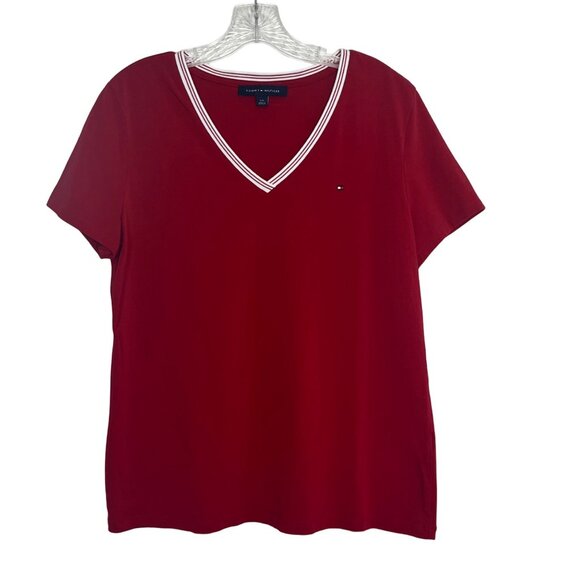 Tommy Hilfiger VNeck Tshirt Womens Large Red Short Sleeves White Trim - Picture 1 of 7